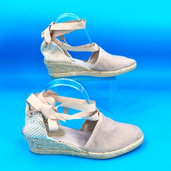 ILSE JACOBSON METALLIC THREAD BEIGE RIBBON TIE UP ANKLE STRAP ESPADRILLE WEDGE S - Picture 2 of 9